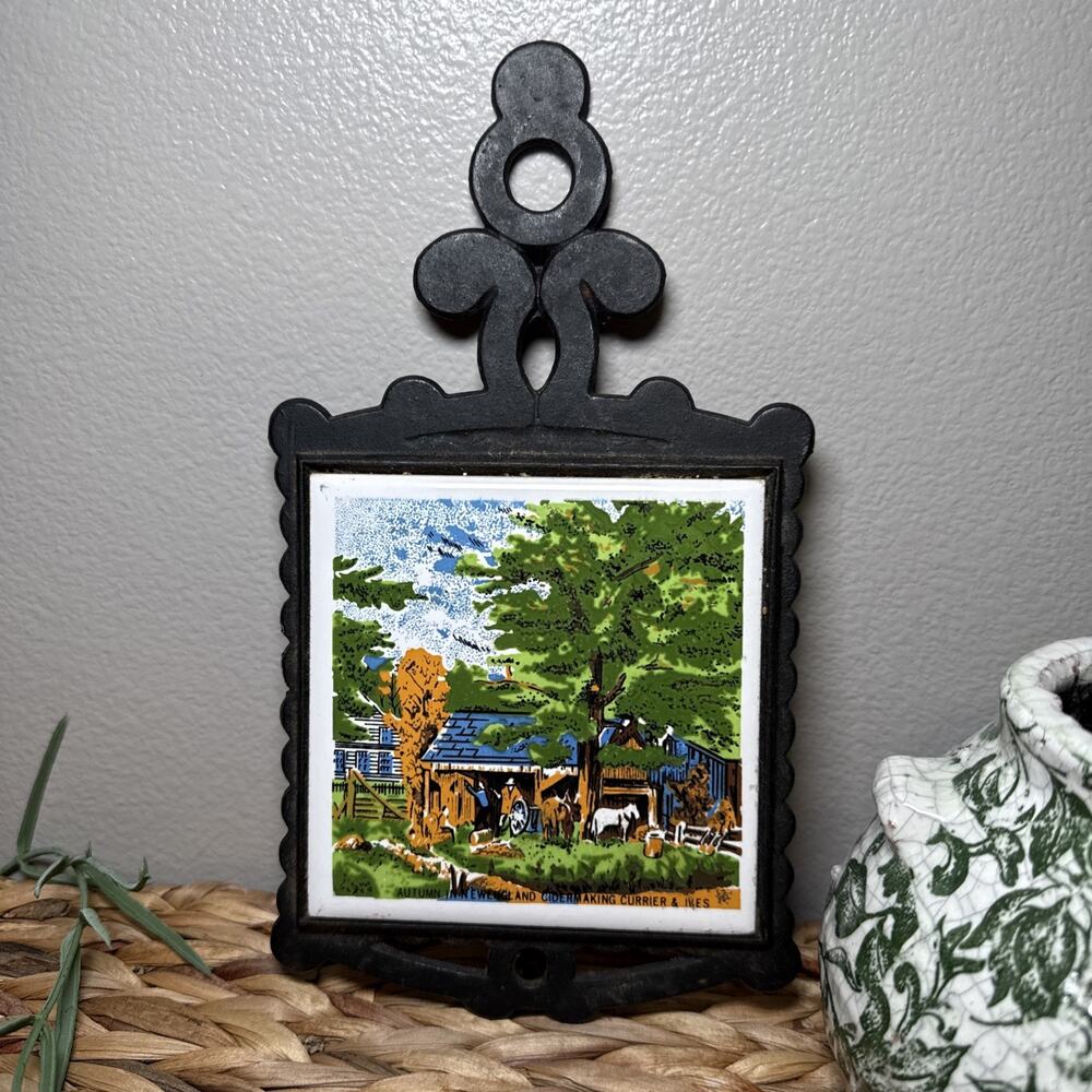 Currier & Ives Autumn in New England Cider Making Tile Trivet Shunlong Taiwan